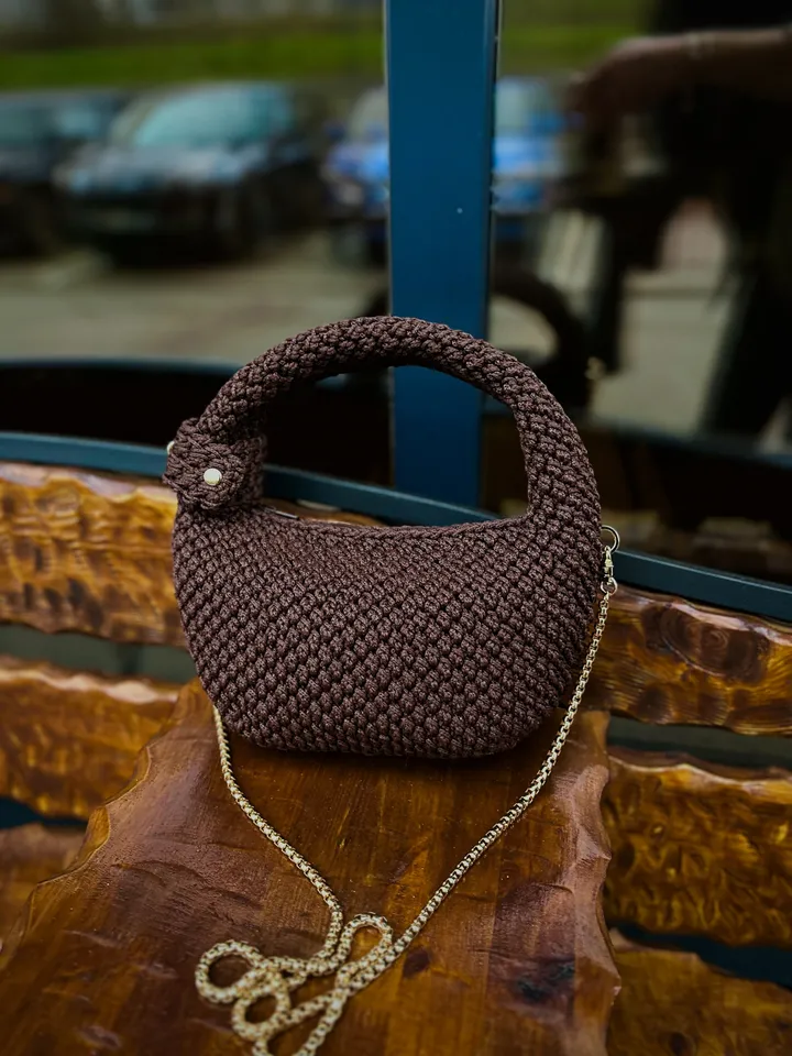 Small brown women one piece handbag, crossbody hobo, top handle, small purse, crochet clutch, shoulder bag, casual wear