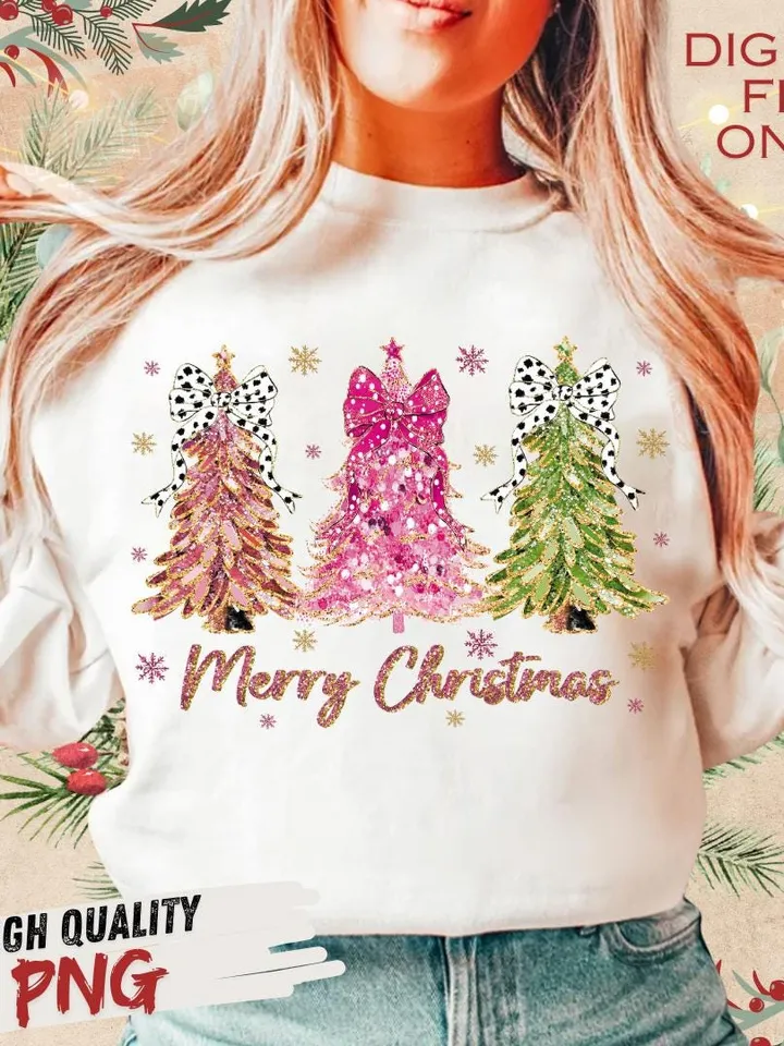 Colorful Coquette Glitter Christmas Tree Png, Girly Christmas Tree Design, Bright Color Merry Christmas Coquette Bow Dalmatian, brushstroke