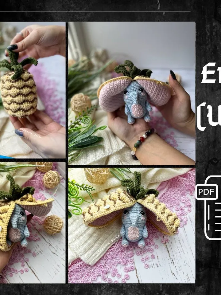 PDF Crochet Pineapple Elephant Pattern, Amigurumi Fruit Animal Tutorial, Unique Handmade Toy Design, Small Toy Eco-Friendly DIY Pattern
