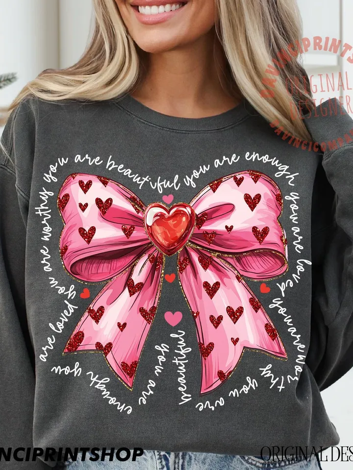 Pink valentine coquette heart png, You Are Enough, Loved, Worthy Png, Valentine Png, Glitter Valentine Png, Valentine coquette png, Love png