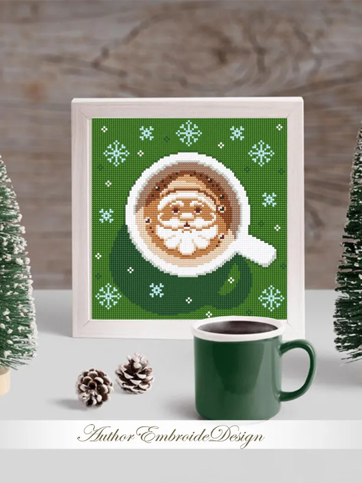 Christmas coffee cross stitch pattern PDF download Christmas cross stitch chart, Cup of latte cappuccino coffee with Santa pattern #N145