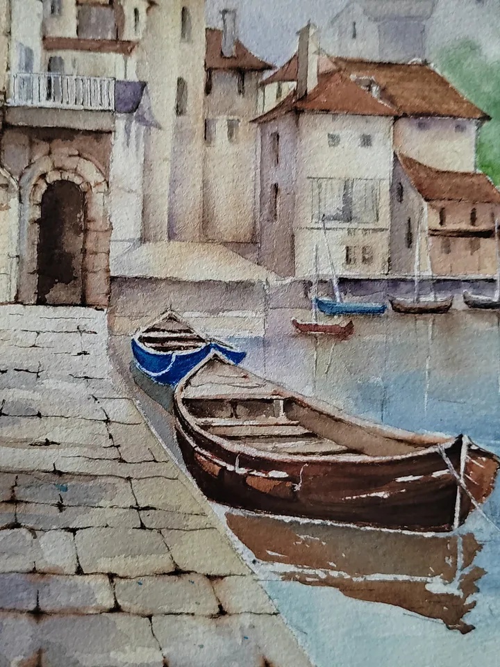Original Watercolor Painting Cozy Landscape Art Italian Town Artwork Town Siesta Picture Sunny Day 30x40 cm by SoftWaves