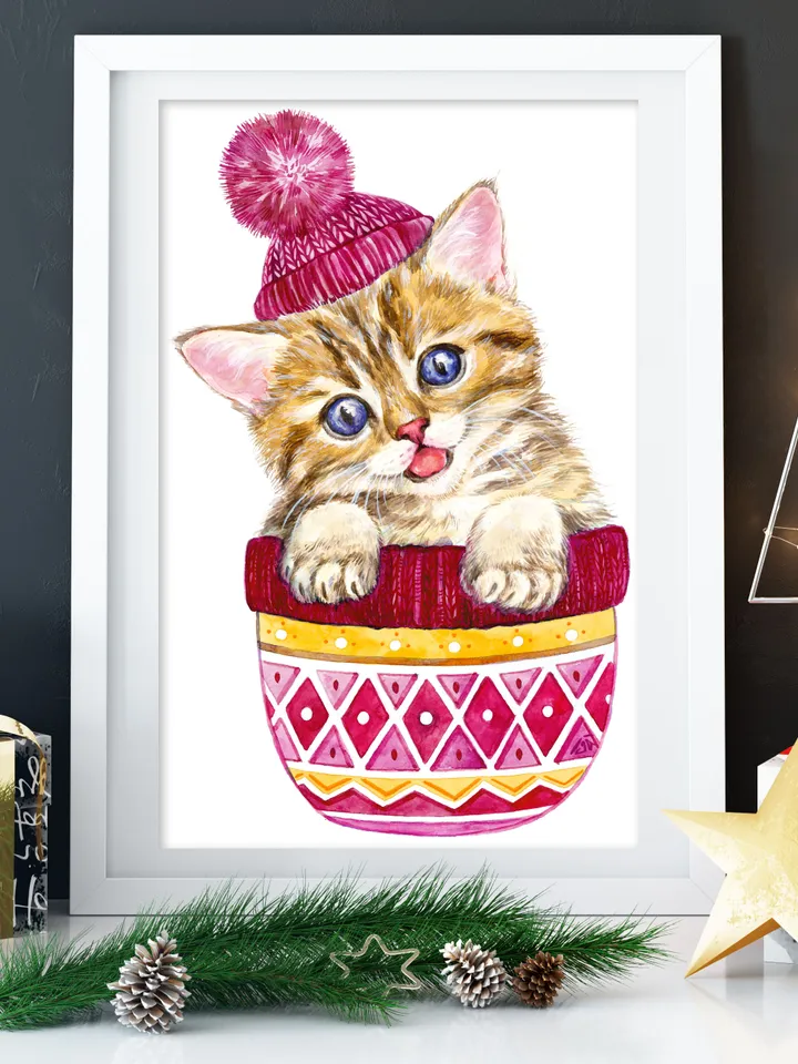 Cute red kitten with blue eyes in a pink knitting hat Art Print, Printable Download, Watercolor Print, Pet Animal, Wall Decor, Prints Wall Art, New Year, Merry Christmas