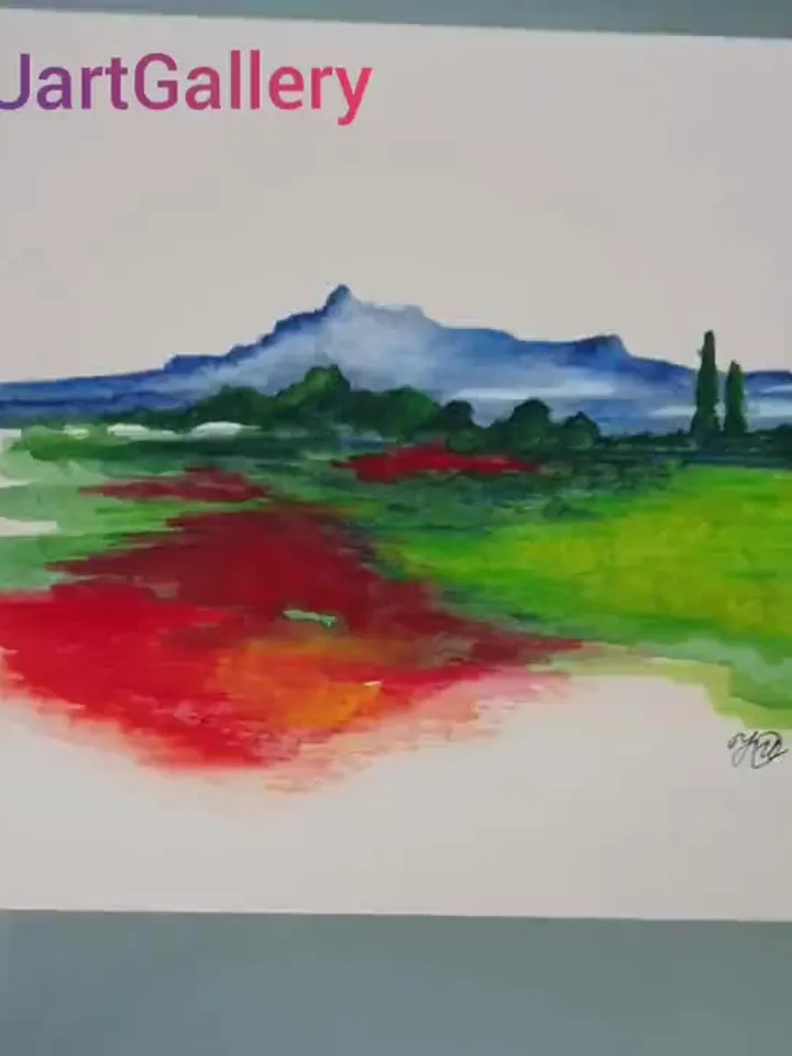 Tuscany Painting Original Art Landscape Wall Art Red Poppy Artwork Watercolor