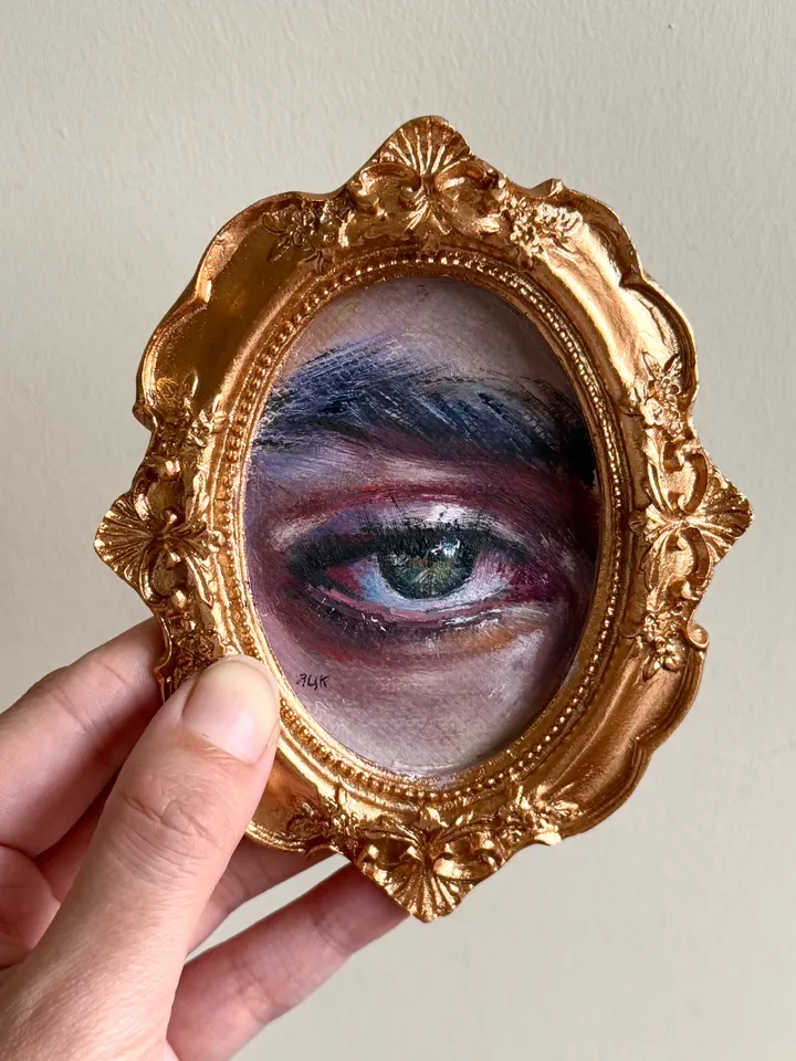 Original Framed Lover's Eye Antique Painting Illustration Vintage Style Small