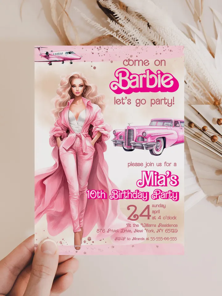 Doll Party Birthday Invitation; hot pink doll party birthday invitation editable template; cute doll girl birthday party bar12