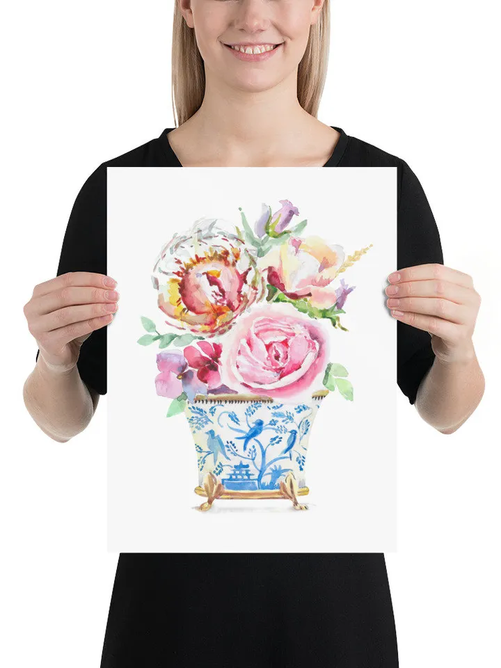 Watercolor Flowers Chinoiserie Home Decor Wall Art Flower Wall Art Flower Illustration Watercolor Pions Bleu White Decor Asian Vases Print