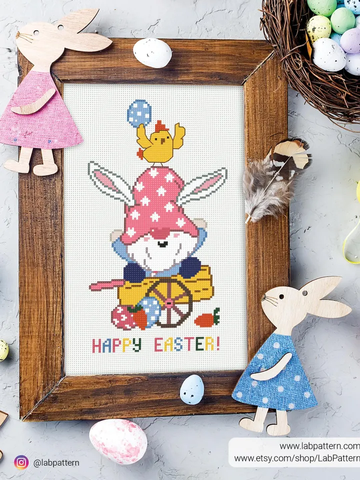 Happy Easter Cross stitch pattern, contemporary, Easter Bunny, Gnome beginner counted, modern chart, gift DIY, embroidery, instant PDF