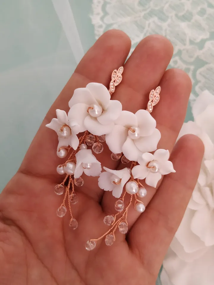 Rose Gold Boho Wedding Earrings, Boho Bridal Earrings, White Clay Flower Wedding Earrings, Floral Bridal Earrings, Long Teardrop Earrings,