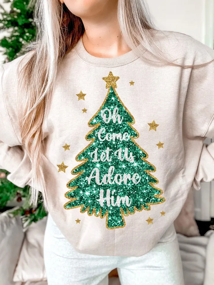 Oh Come Let Us Adore Him, Christmas PNG, Faux Glitter Christmas Tree, Hand Drawn, Hand Lettered, Faux Glitter Sequins, Sublimation Download