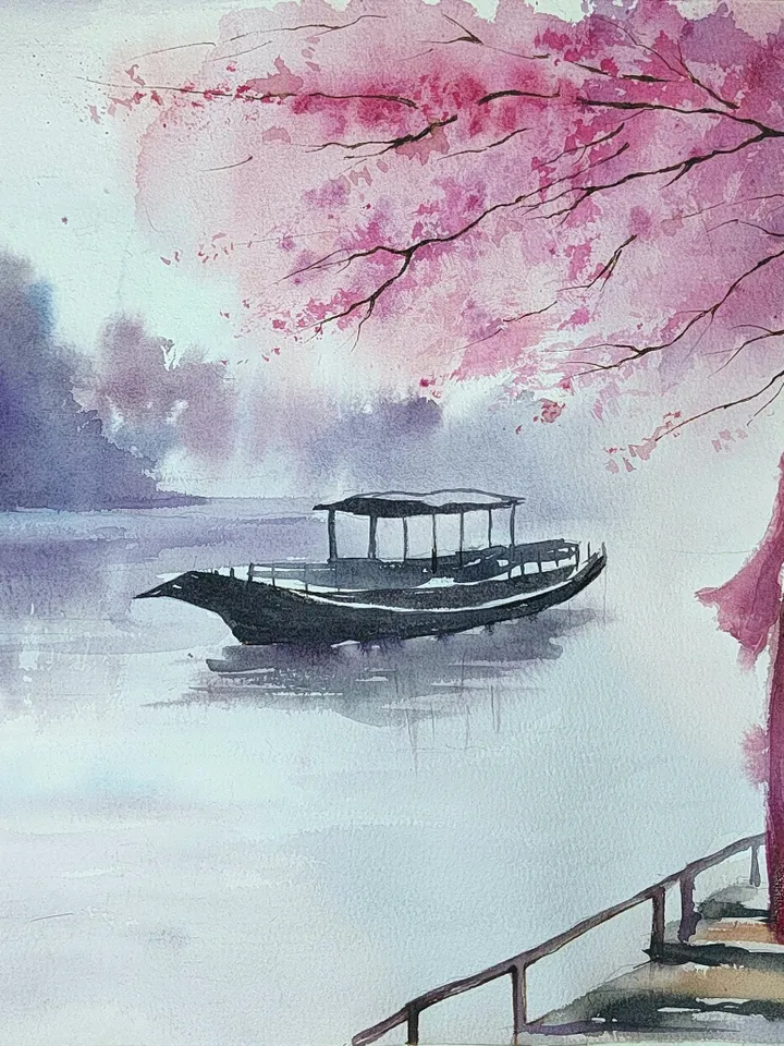 Japan Landscape Painting Original Watercolor Art Sakura blossoms Artwork 11.81x15.75 in by SoftWaves