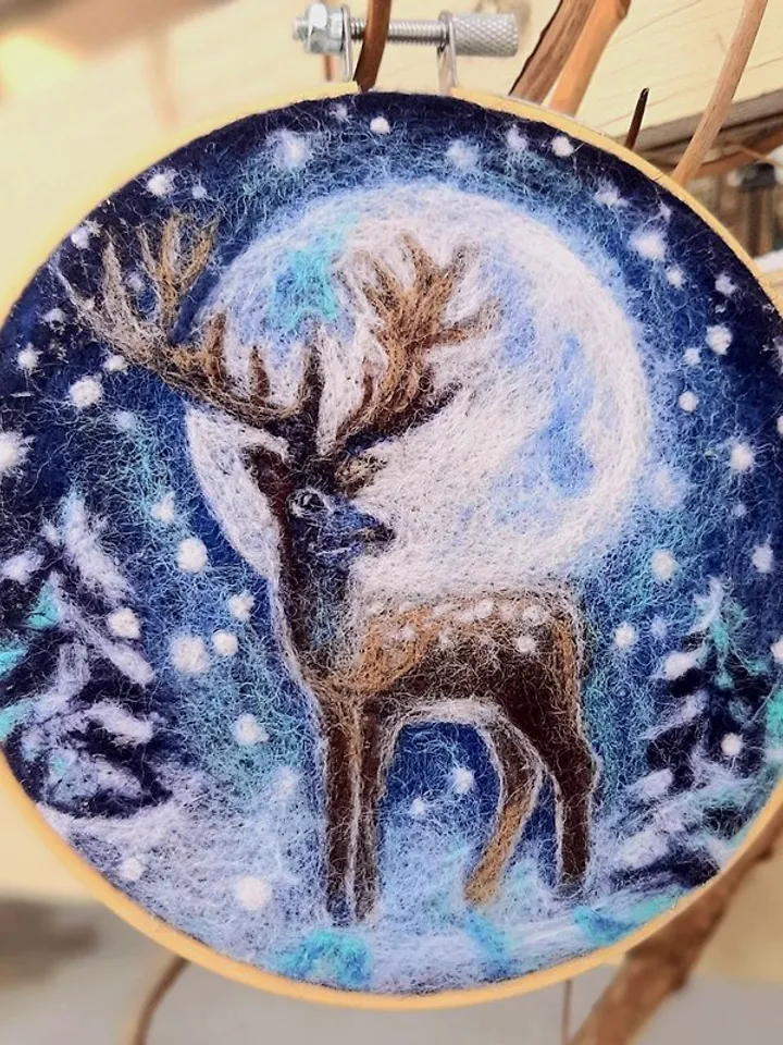 Needle felt deer picture, Original deer wool painting,Felt art,Unusual gift