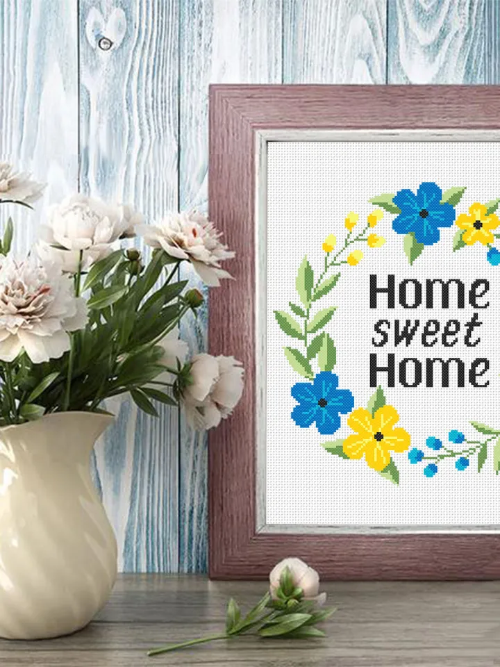 Home sweet home cross stitch pattern download PDF, Framed quote cross stitch chart, Floral wreath embroidery PDF, Easy beginner stitch #Q42