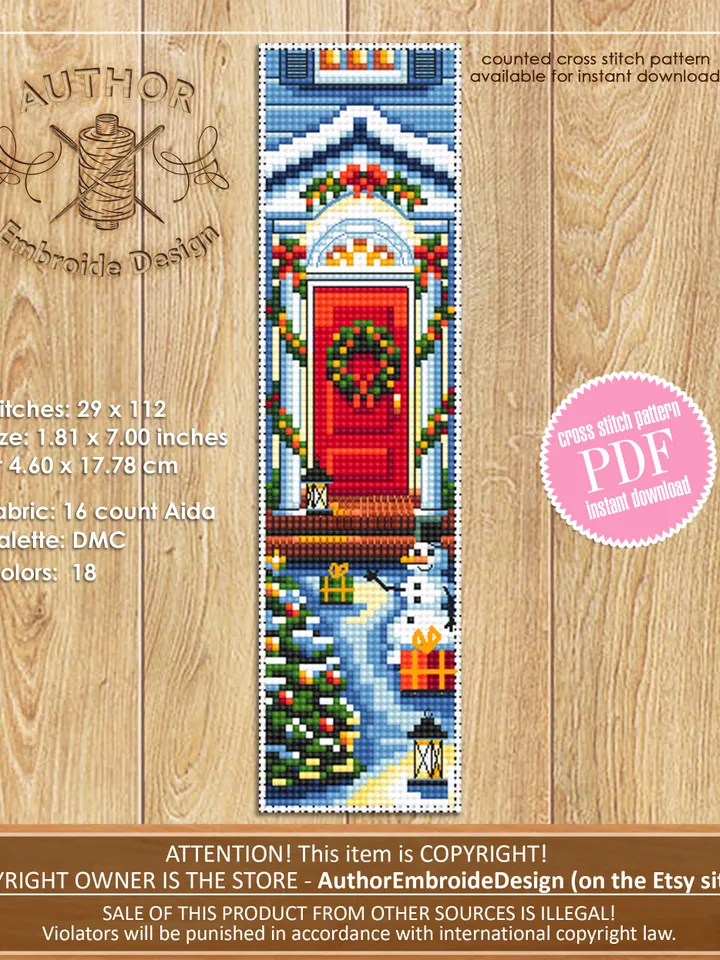 Christmas bookmark cross stitch pattern download PDF Christmas house cross stitch chart, Holiday handmade bookmark, Red door embroidery #B91