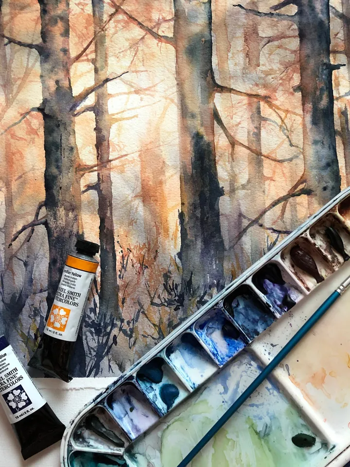 Forest Original Painting Watercolor Sunset Painting Trees Landscape Wall art