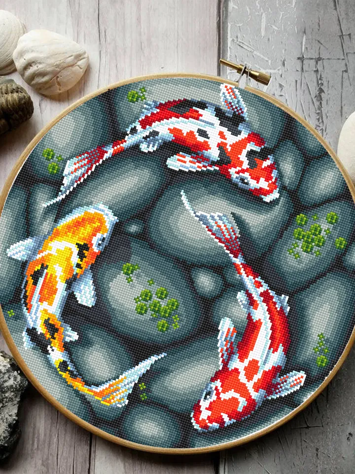 Koi pond cross stitch pattern download PDF, Koi fish cross stitch chart, Fish hand embroidery PDF, Oriental decor, Nature cross stitch #L51