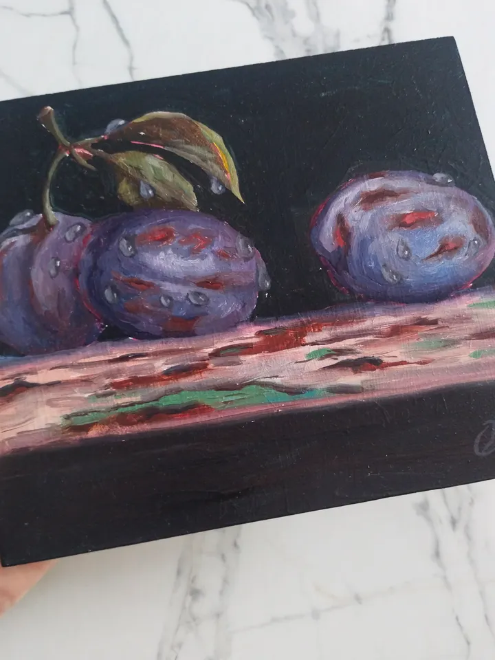 Original plum oil painting, Bright Fruit with water drops miniature art, Small fine art on panel