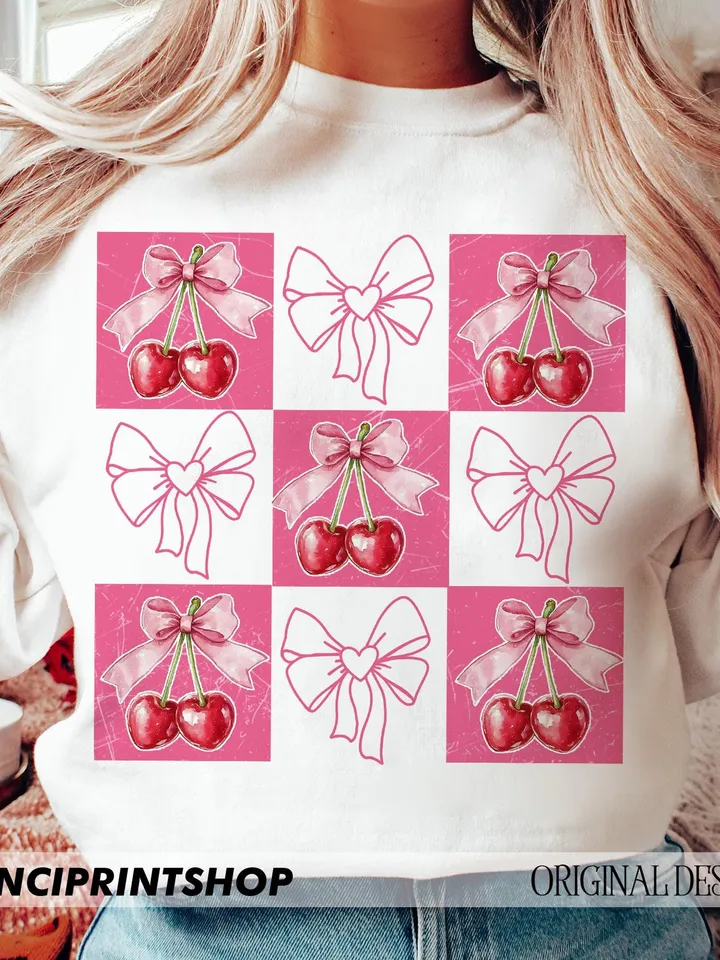 Checkered Cherry coquette png, Cherry Png, Trendy Valentines png, Pink Bow png, pink valentine coquette png, valentine png, retro valentine