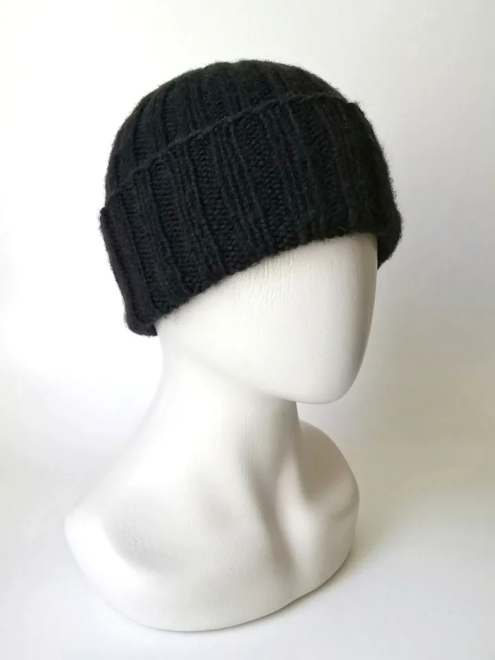 Handcrafted Black Men's Merino Wool Ribbed Beanie: Exceptionally Warm Hand-Knitted Winter Hat in Luxurious Soft Yarn. FREE SHIPPING!