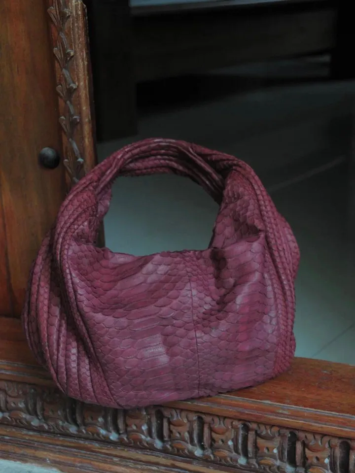 Medium Soft Hobo Classy Sport Woman Stitched Bag | Purse Genuine Python Skin | Dewi wine Big Elegant Leather Designer Soft Bag Snake |