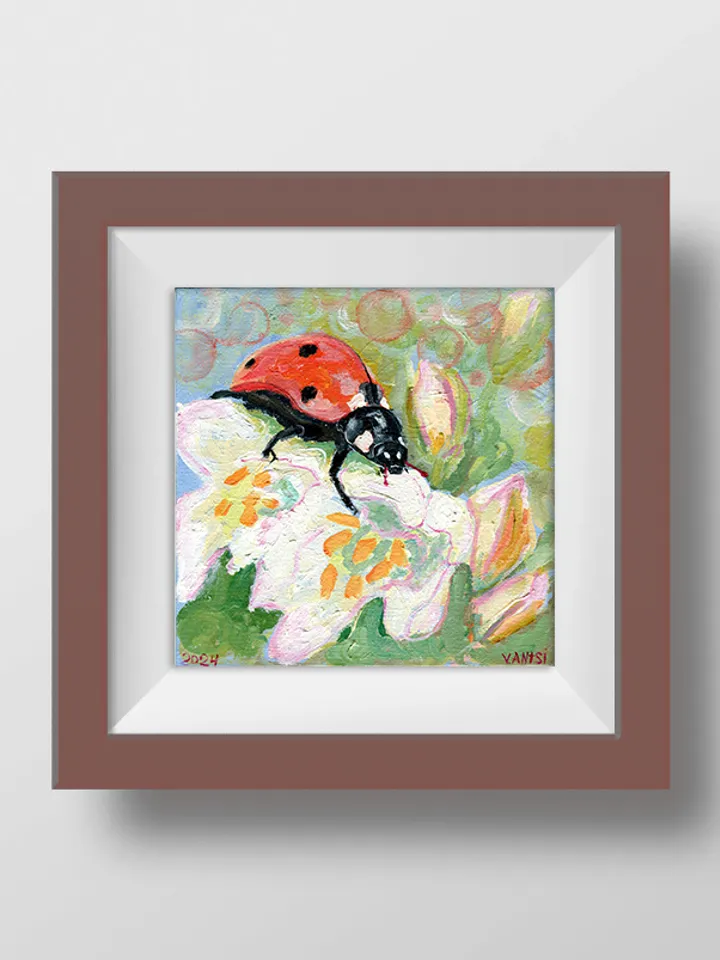 Ladybug Painting Original Art Animal Flower Painting Floral Small Art Insect
