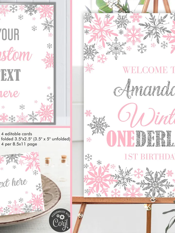 Winter Onederland Birthday Girl Decorations, Winter Onederland Birthday Party Package Bundle, Pink Silver Snowflakes Editable Template