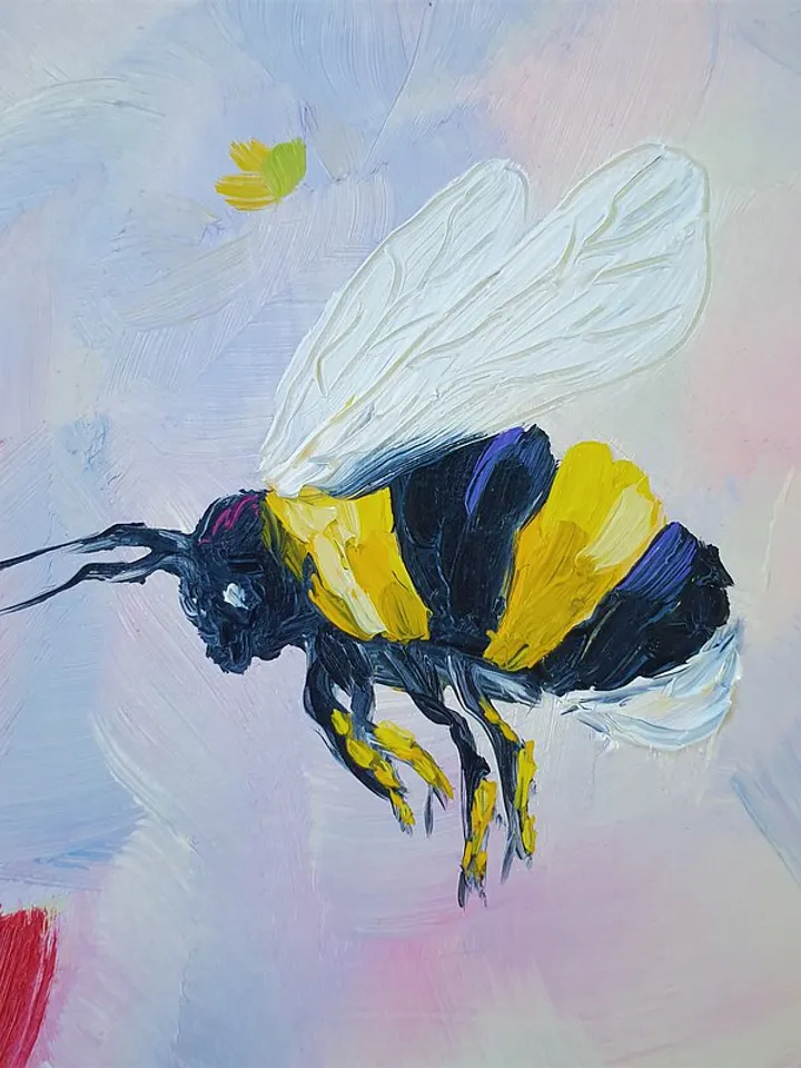 Bee Painting Pink Flowers Original Art Floral Wall Art Small Oil Painting