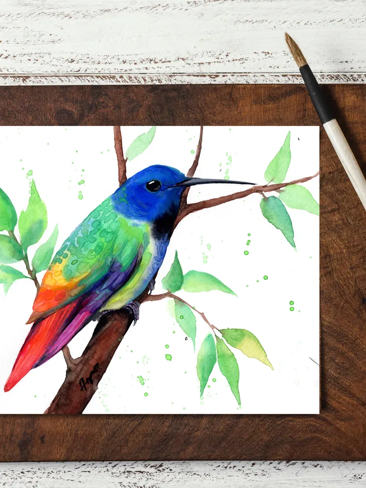 Colorful Hummingbird original watercolor, bird on the branch painting, colibri portrait wall decor, 8x11 in room art for bird lovers by Anne Gorywine