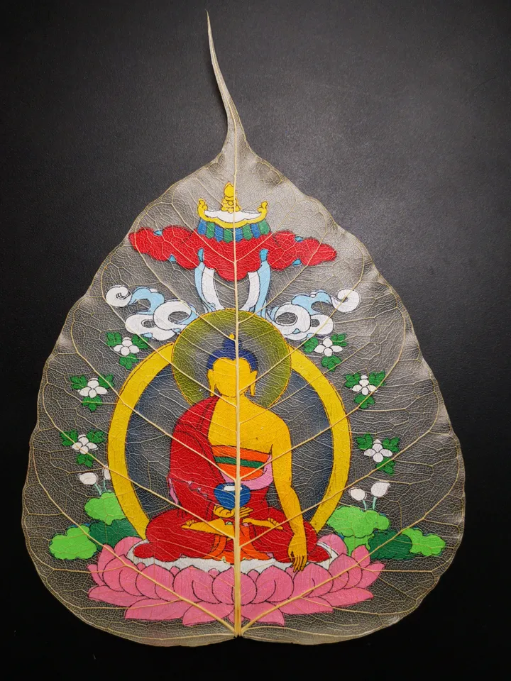 Gandhanra Handpainted Bodhi Leaf Thangka,Packed in Wooden Picture Frame,Painted with Natural Mineral Pigments,Amitabha Thangka
