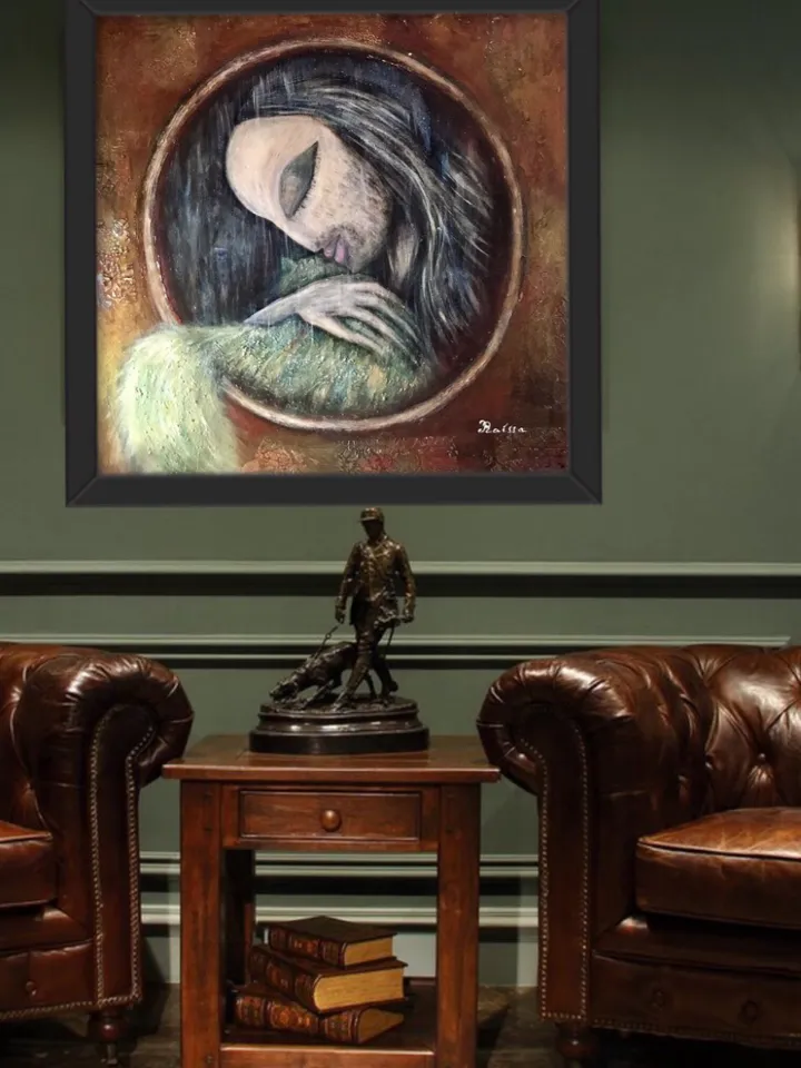 One of a kind painting- fantasy man with a green cat,original acrylic painting.Stretched canvas.