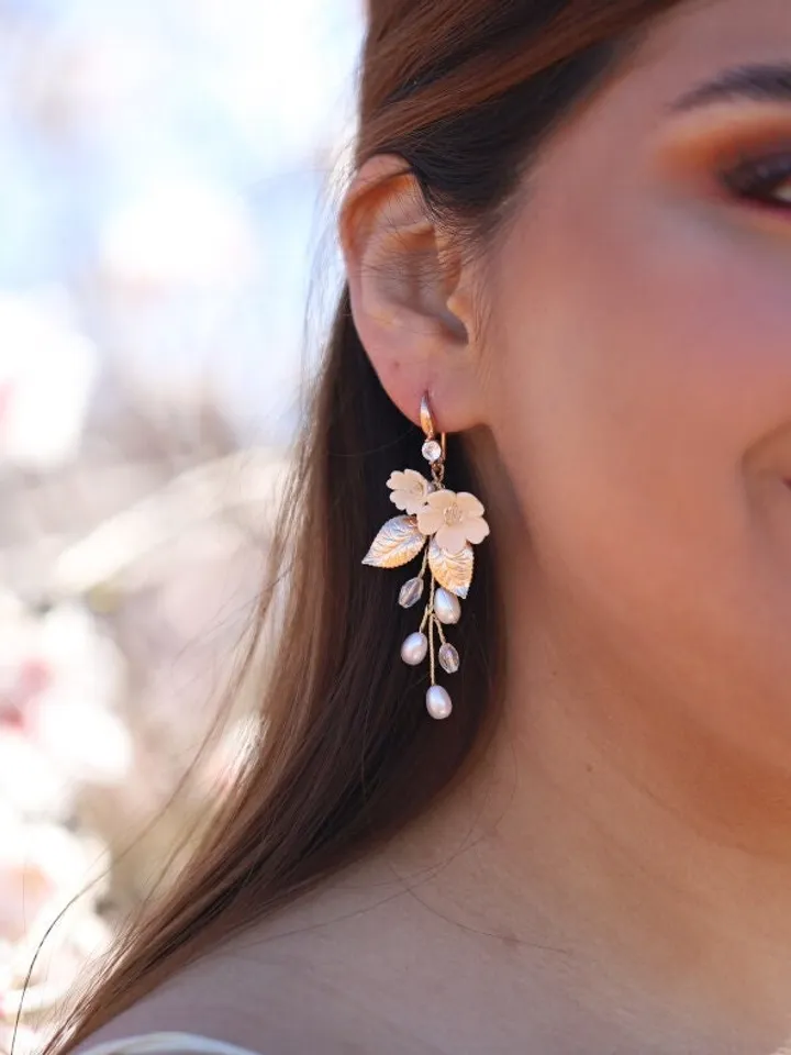 Gold Peach Delicate Porcelain Flowers Wedding Earrings, Pearl Statement Floral Wedding Earrings, Swarovski Crystal Bridal Earrings, Jewelry