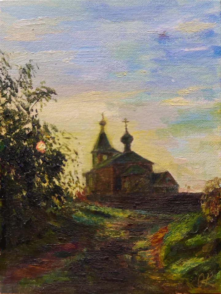 Oil painting wooden church
