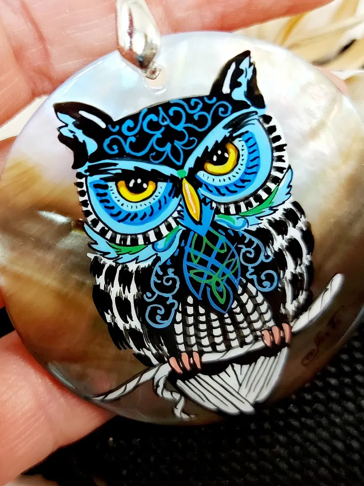 Pearl pendant necklace: Mosaic Eagle owl hand painted on gorgeous animal pendant. Graceful handmade jewelry. Unique gift for grandmother