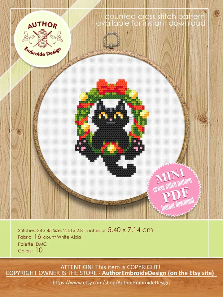 Set Christmas cats cross stitch pattern download PDF, Cute black cat embroidery PDF, Christmas mini cross stitch, Funny home cat decor #N78