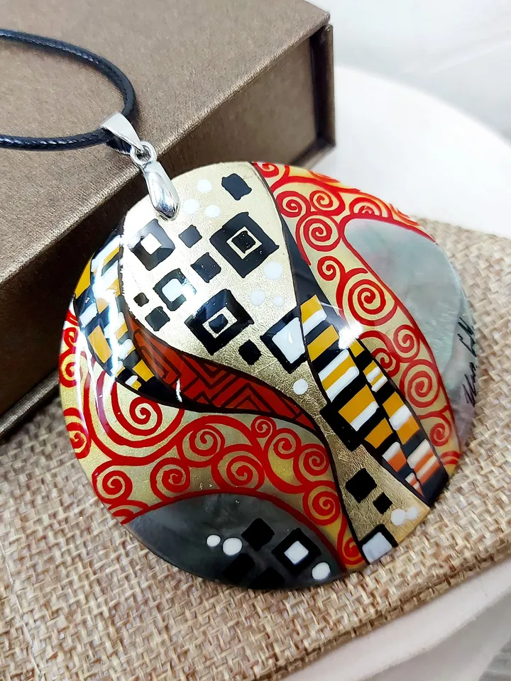 Gustav Klimt.Mother-of-pearl Russian hand-painted necklace.Hand painted miniature painting.Modern.Collectible.Artistic gift.For your beloved