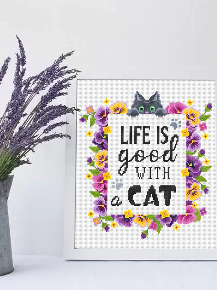 Flower cat cross stitch pattern PDF download Cat quotes cross stitch chart, Life Is Good With A Cat, Flower wreath pattern digital PDF #Q44