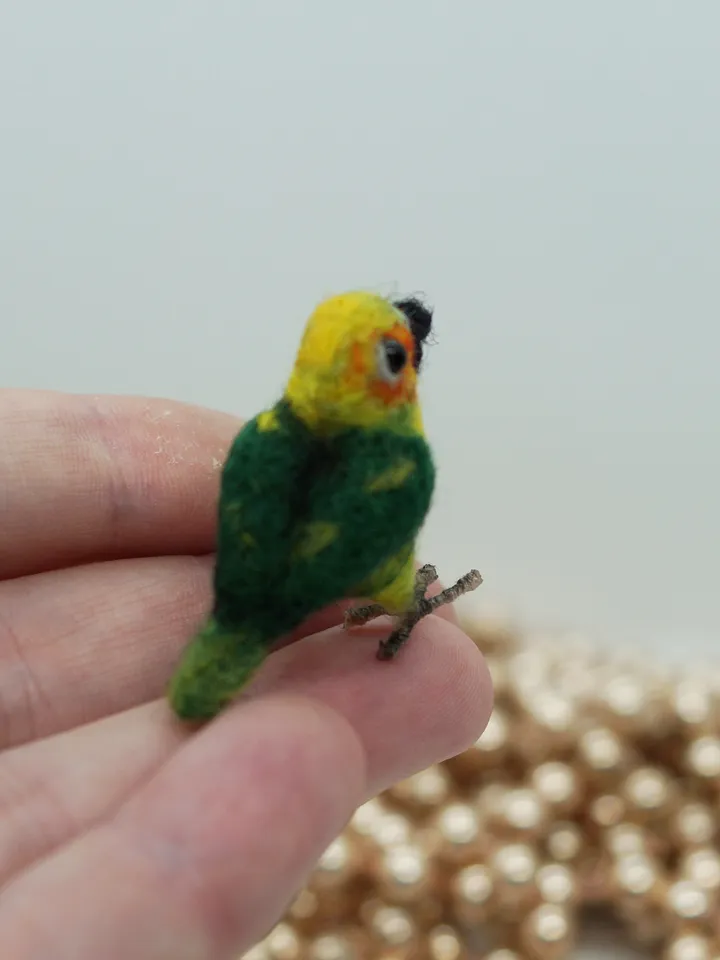 Miniature needle felted Jenday Conure, miniature parakeet, tiny parrot, made to order