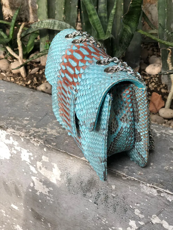 Small Shiny Genuine Python Skin Crossbody Bag | Designer Leather Bag | Evening Chain bag | Exotic Leather Bag | Woman Evening Bag Light Blue