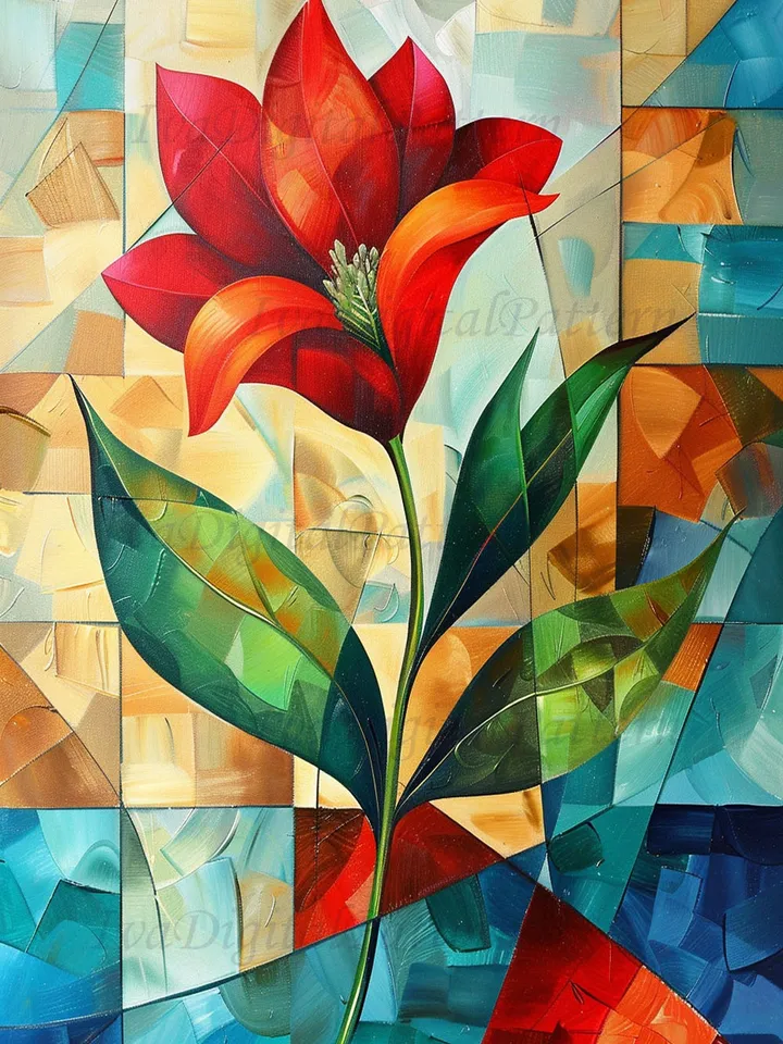 Digital Art Print Red Flower Abstractionism Cubism Mid Century , Modern Wall Art Decor, Prints, Instant Download