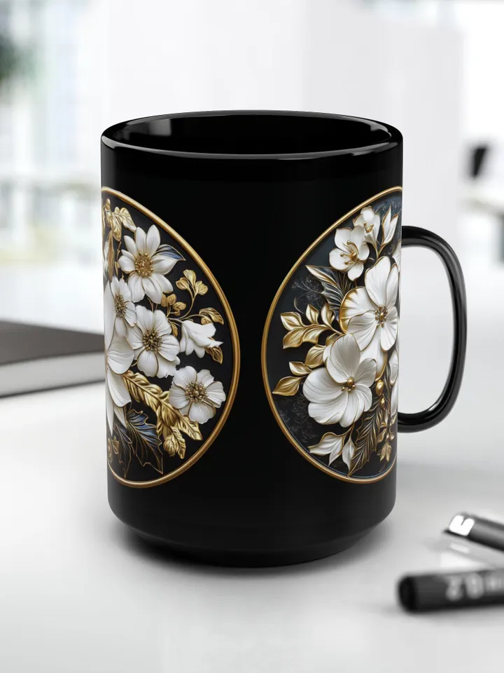 Elegant Floral Black Mug, 15oz | Perfect Gift for Tea Lovers, Home Decor, Wedding Favors, Mother's Day, Coffee Enthusiasts
