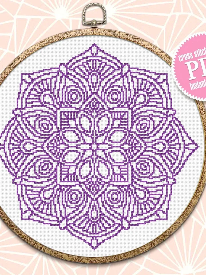 Mandala cross stitch pattern download PDF Monochrome cross stitch chart Modern mandala ornament digital PDF, Mandala hand embroidery PDF #M6