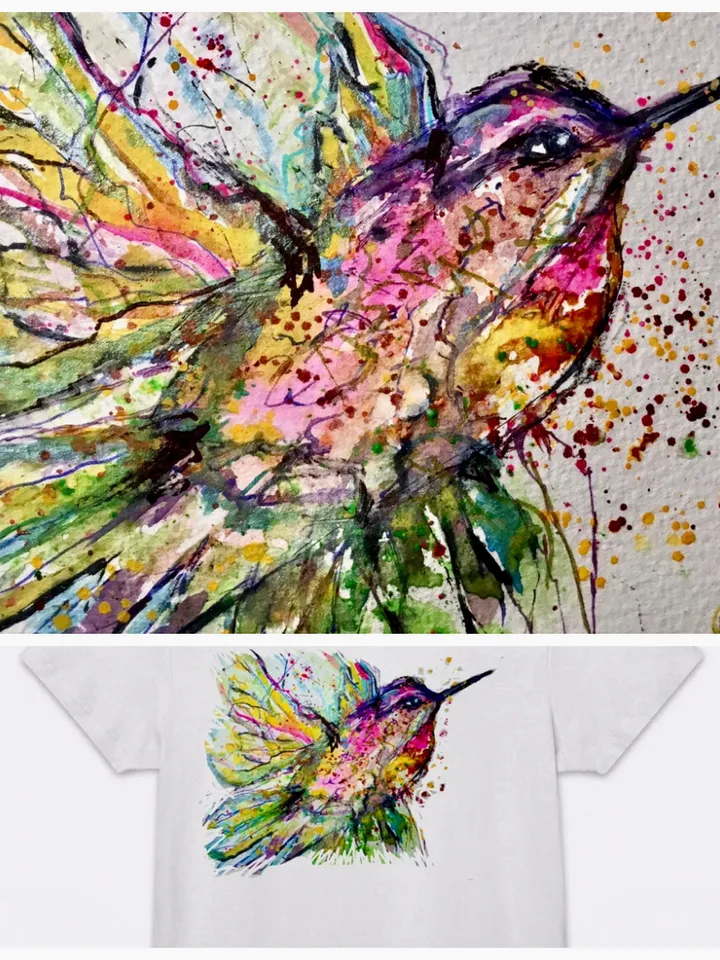 Hummingbirds Women’s basic organic t-shirt made with my original watercolour painting,birds t shirt gifts,unique artistic t shirts.