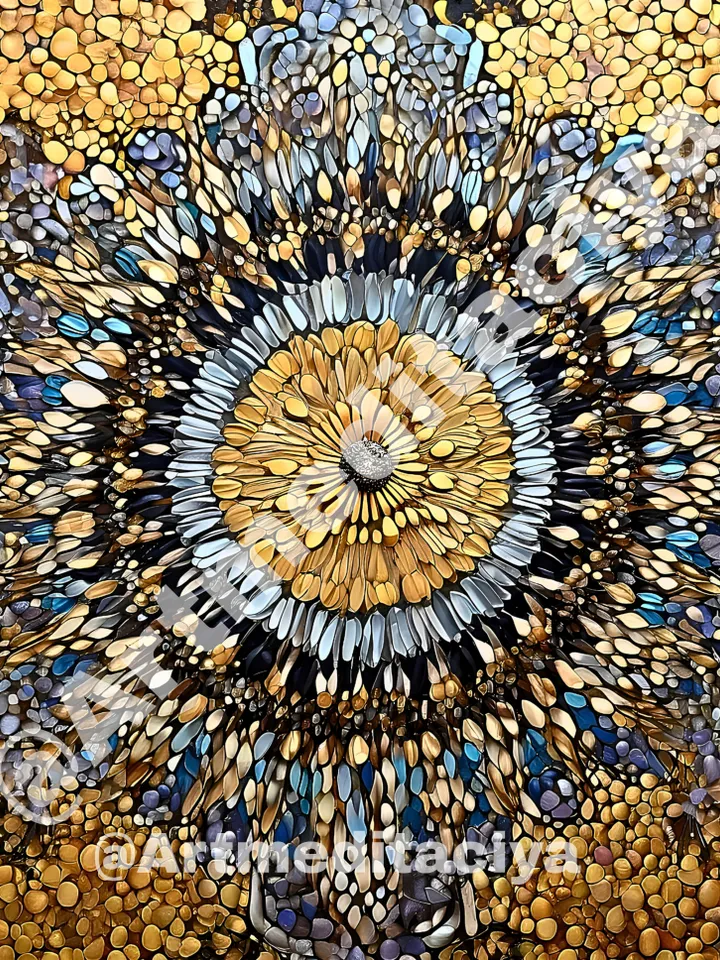 Modern digital abstract energy painting "Mandala of Harmony" abstract panel in bronze-gold shade with gray-blue, silver, black inclusions in the style of zenart, pointillism, interior painting