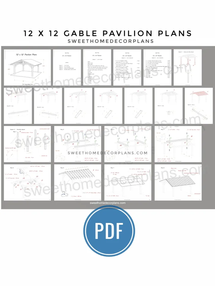 Diy 12 x 12 gable pavilion plans in pdf. Carport plans. Square outdoor covered gazebo plans. Diy backyard wooden pergola plans for outdoor