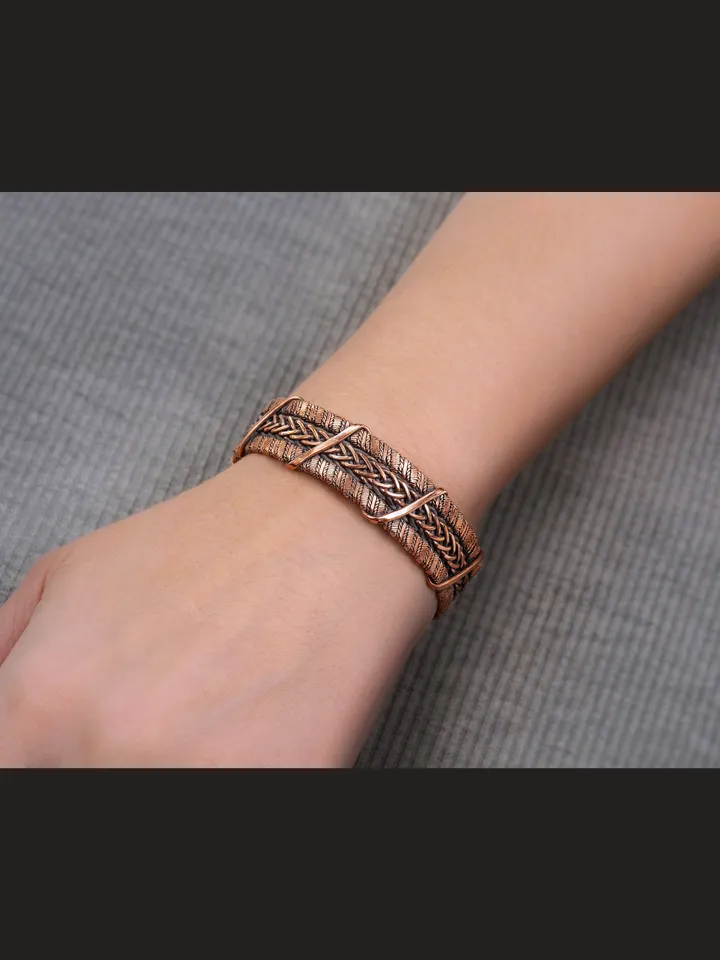 Wire wrapped bracelet, Unique 7th 22nd Anniversary gift idea, Art Nouveau antique style, One of kind braided statement bangle, Handmade oxidized pure copper jewelry, Pain relief, EMF protection