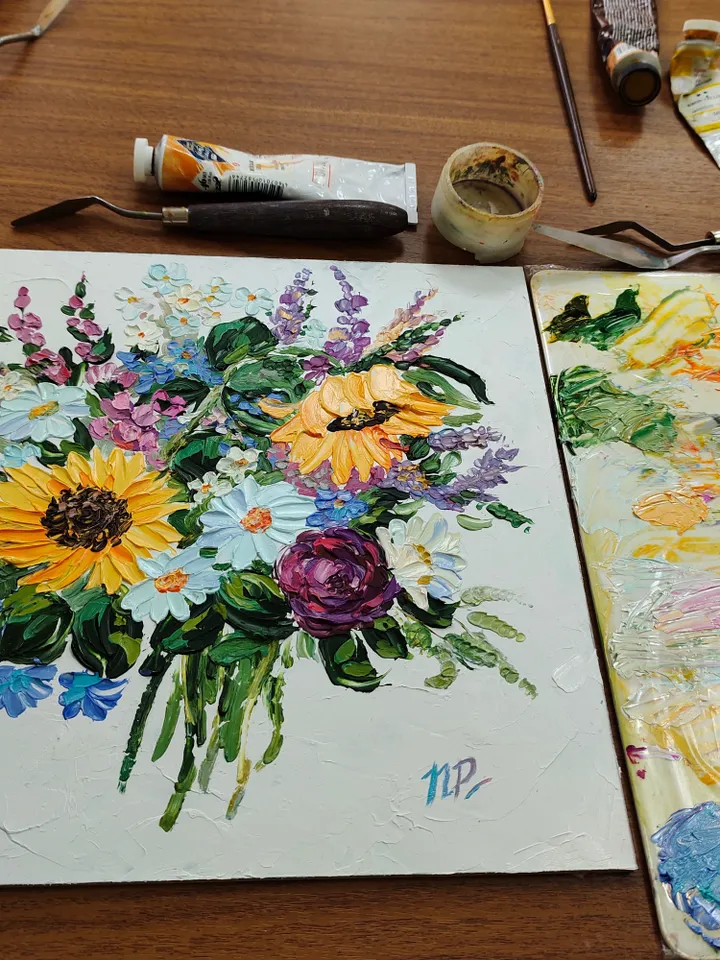 Sunflower painting Flower Original Art 10 by 10 inches Floral Artwork impasto oil painting art by Natalia Plotnikova