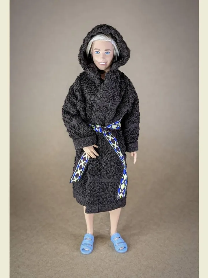 Brown terry bathrobe with a hood for 12 inch fashion male doll