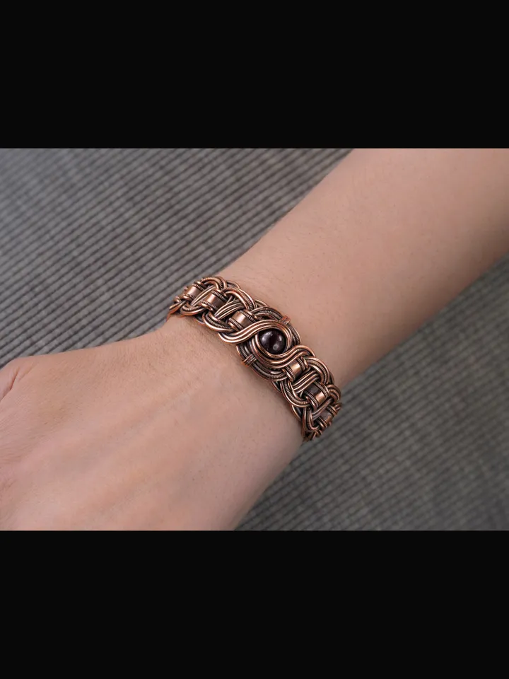 Copper wire wrapped garnet bracelet Unique bangle 7th Wedding Anniversary