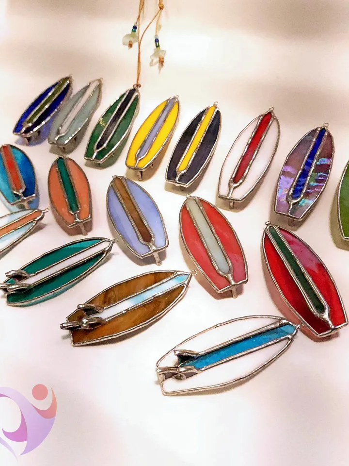 Real Stained Glass Surfboard Pendant Car Charm Mini Suncatcher for Rear View Mirror Cute Bag or Purse Charm Accessory Strong and Unique