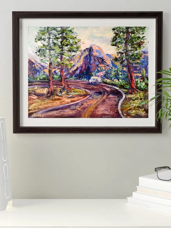 National Parks Trees Mountain Car Road Original Art Oil Painting Artist Svinar Oksana